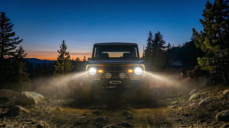 Truck with HELLA X-Treme Series LED Driving Lights in white X-shape mode, IP69K, auxiliary high-beam, off-road at dusk.
