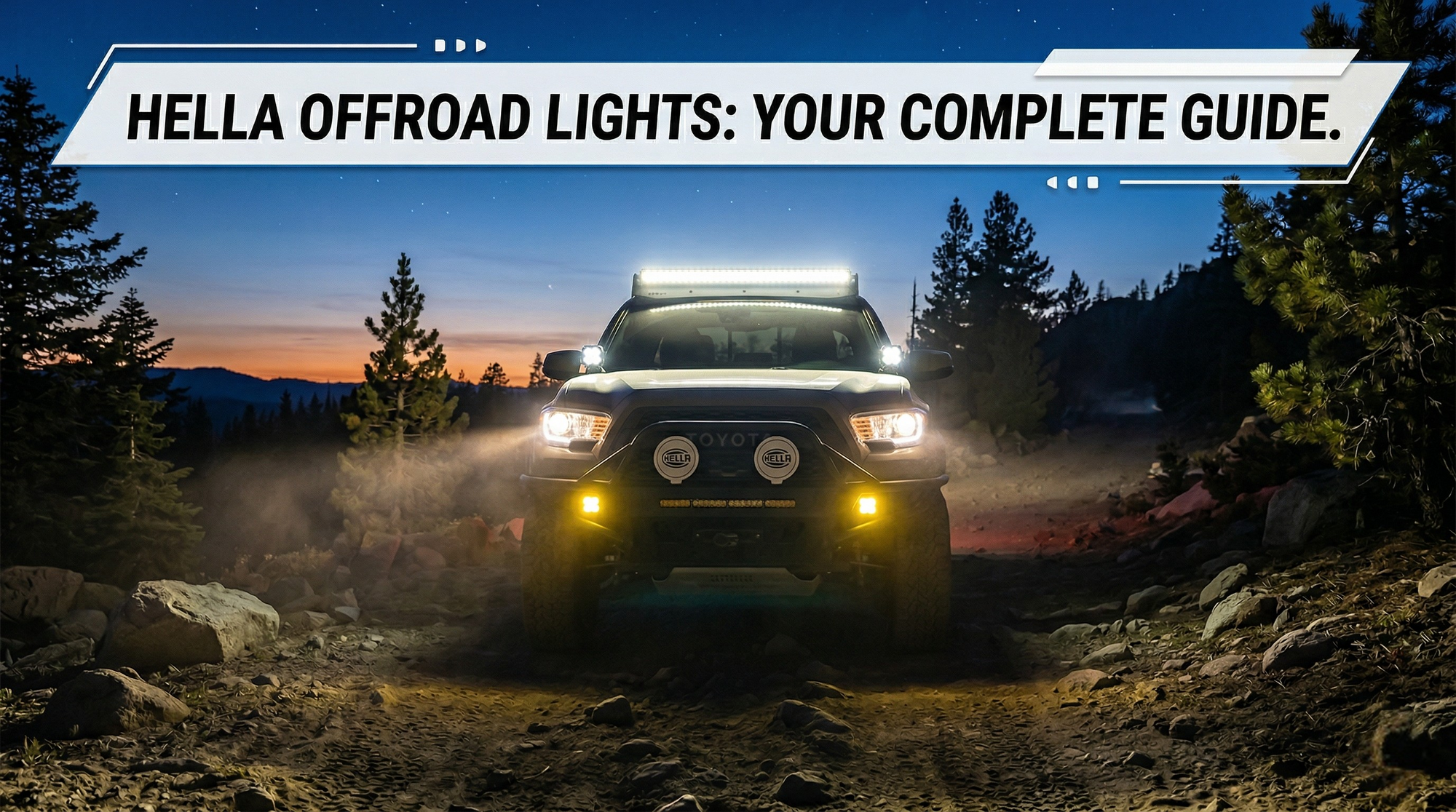 HELLA X-Treme Series LED Driving Lights in white mode, bumper-mounted on truck, IP69K off-road auxiliary high-beam with X-shape position light.