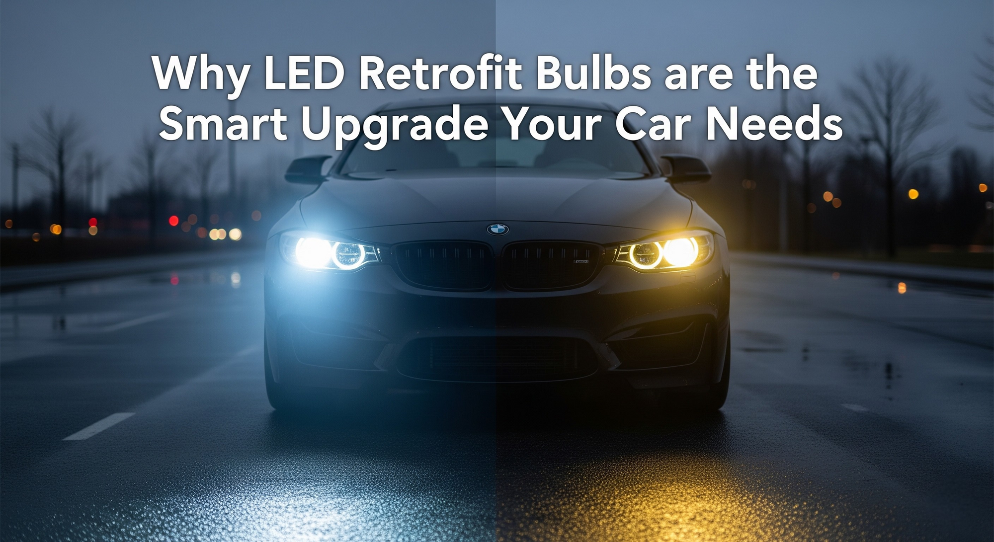 A side-by-side comparison of car headlights on a modern vehicle at dusk; one side shines with a bright, crisp white LED retrofit bulb while the other shows a dimmer, yellow traditional halogen glow.