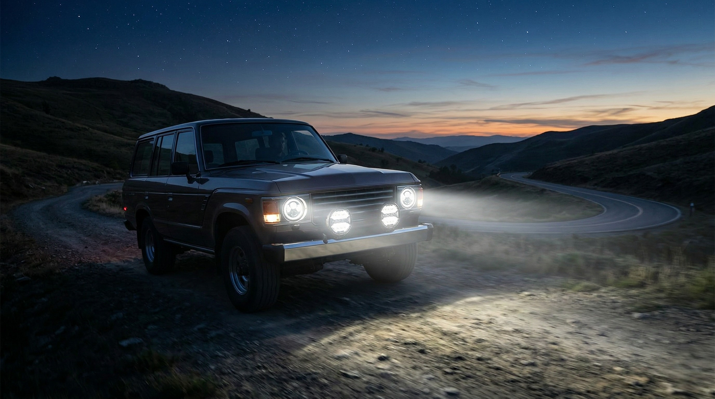 SUV with HELLA X-Treme Series LED Driving Lights in white X-shape, bumper mounted, IP69K, auxiliary high-beam for off-road.