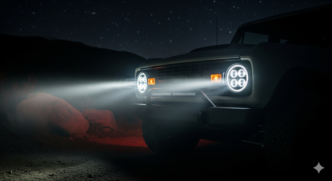 A classic off-road SUV's modern LED round headlights cast a brilliant white beam onto a dark, rocky desert trail under a starry night sky.