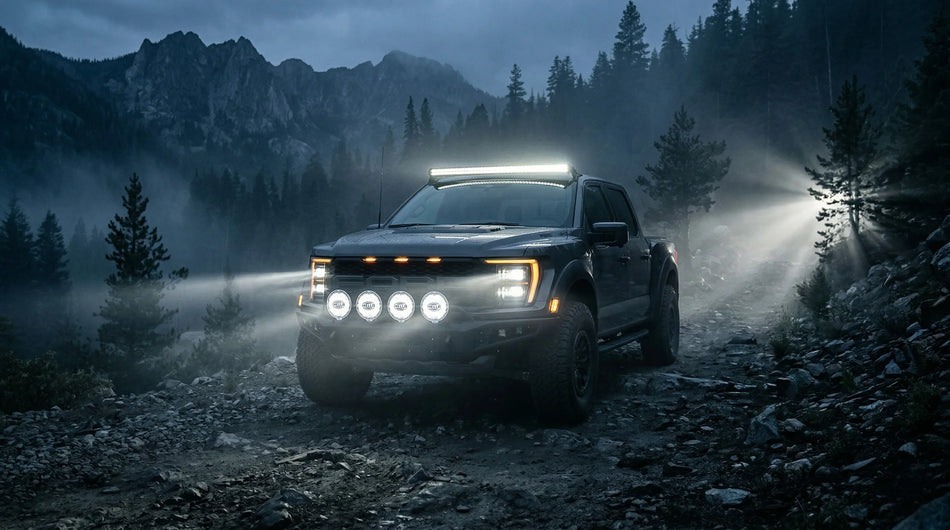 Truck with HELLA X-Treme Series LED Driving Lights in white mode, IP69K, bumper and roof rack mounted, auxiliary high-beam for off-road use.