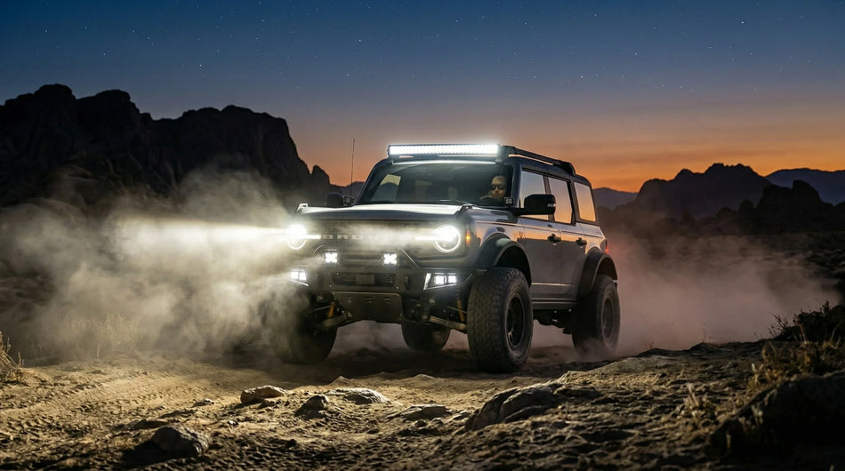 HELLA X-Treme Series LED Driving Lights in White mode with X-shape position light, IP69K auxiliary high-beam mounted on SUV roof rack, off-road at dusk.