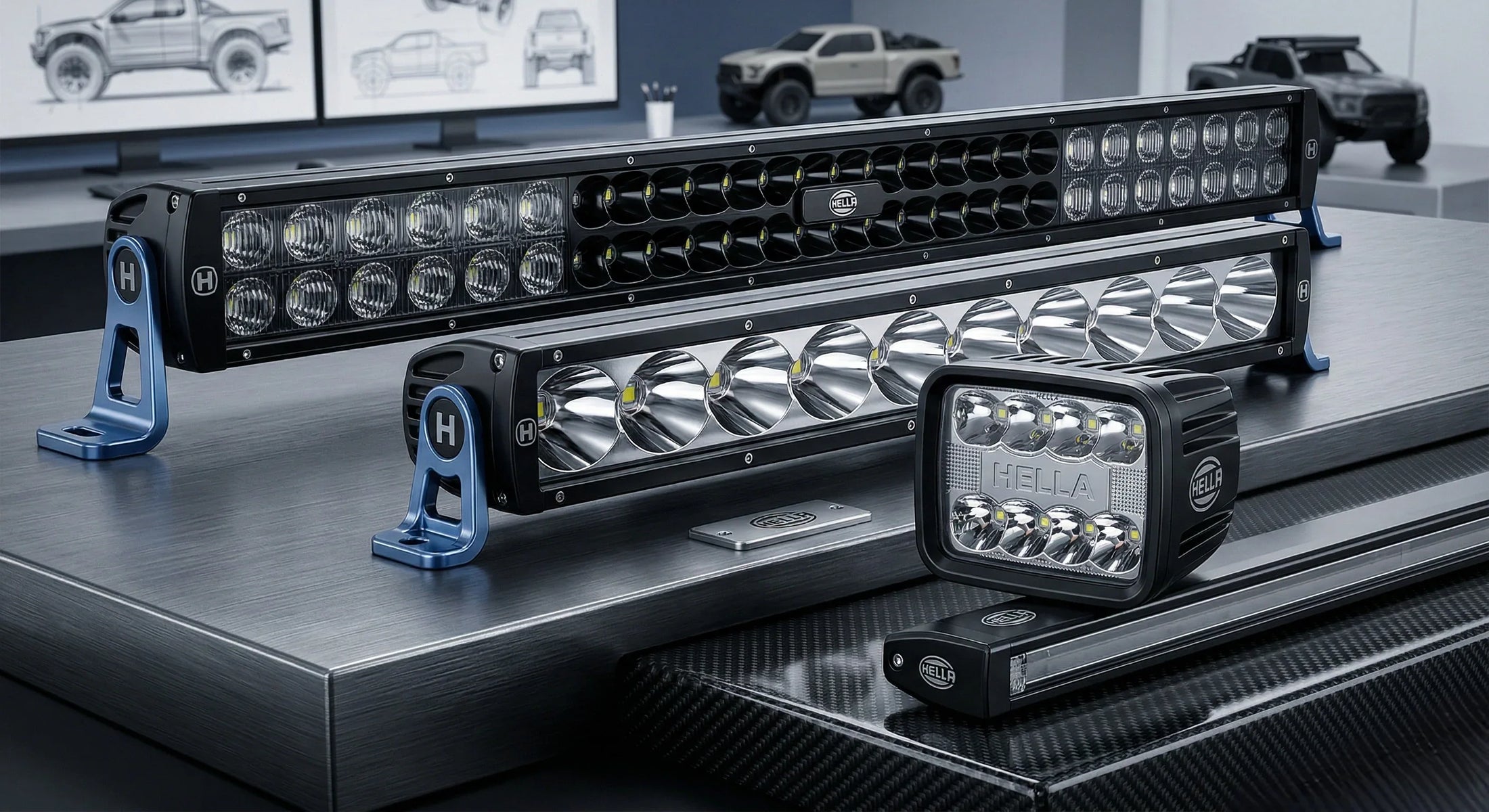 HELLA X-Treme Series LED Driving Lights in White mode, rugged aluminum housing, IP69K, off-road auxiliary high-beam, X-shape position light visible.