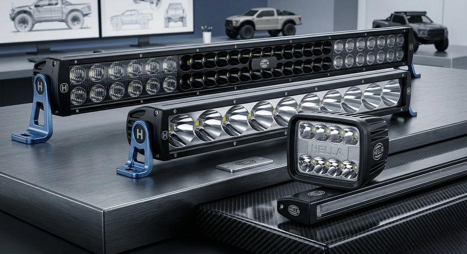 HELLA X-Treme Series LED Driving Lights in White mode, rugged aluminum housing, IP69K, off-road auxiliary high-beam, X-shape position light visible.