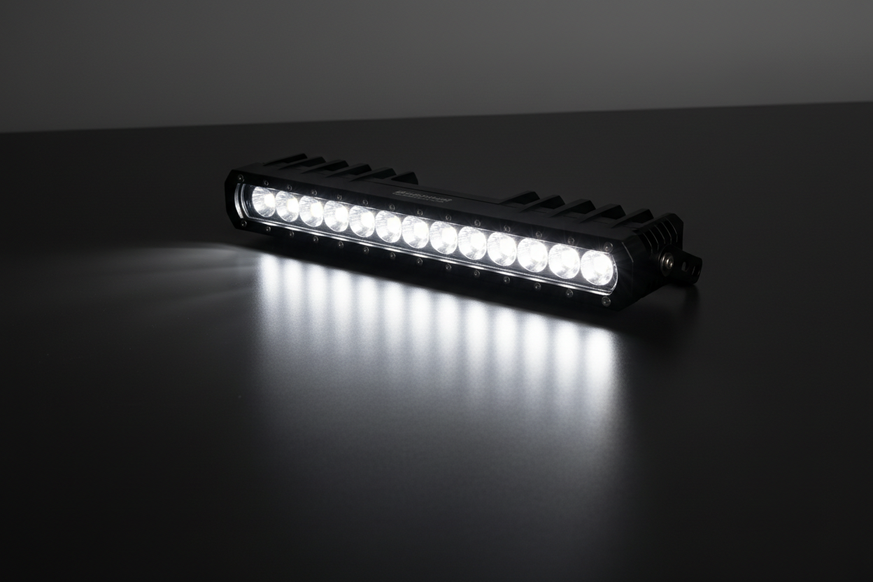 HELLA X-Treme Series LED Driving Lights in White mode, rugged aluminum housing, IP69K, off-road auxiliary high-beam, X-shape position light visible.