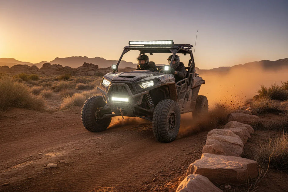UTV with HELLA X-Treme Series LED Driving Lights in white mode, roof rack and bumper mounted, IP69K auxiliary high-beam for off-road adventure.
