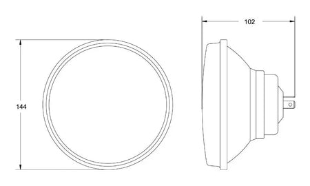 Technical line drawing of HELLA X-Treme Series LED Driving Lights auxiliary high-beam, IP69K rated, front and side dimensions.