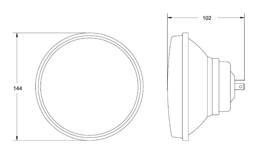 HELLA X-Treme Series LED Driving Lights technical diagram showing 144mm diameter, 102mm depth, IP69K, auxiliary high-beam, off-road
