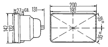 Technical diagram of HELLA X-Treme Series LED Driving Light, IP69K, off-road, with X-shape position light.