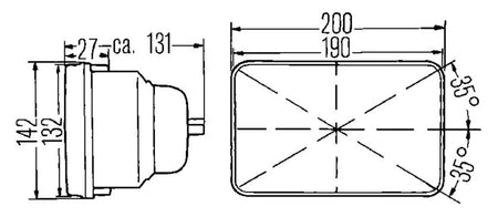 Technical diagram of HELLA X-Treme Series LED Driving Lights showing dimensions, IP69K, auxiliary high-beam, off-road use.