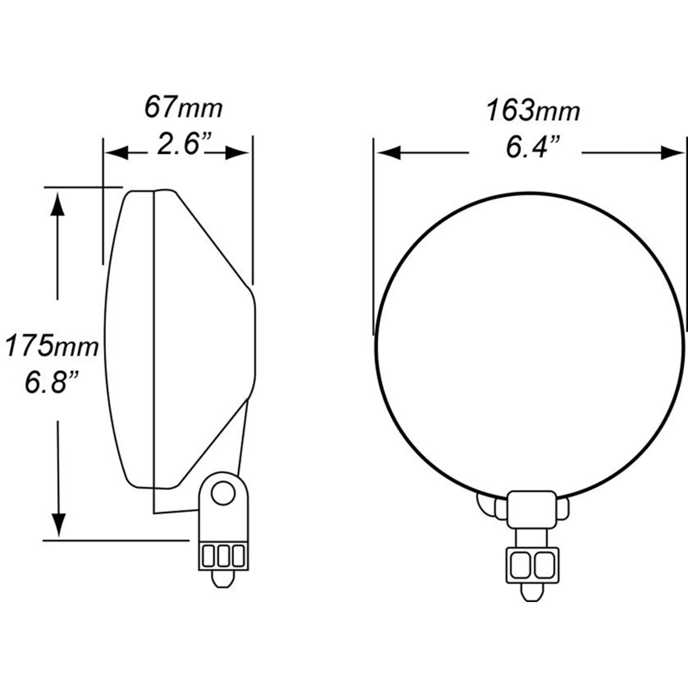 Technical diagram of HELLA X-Treme Series LED Driving Lights with IP69K, auxiliary high-beam, off-road dimensions