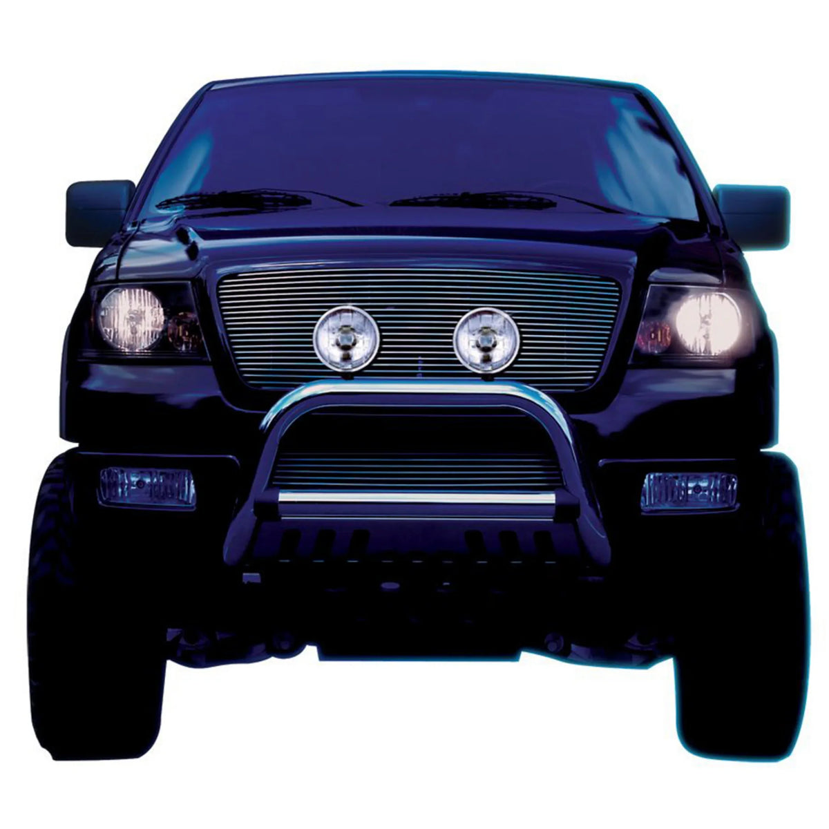 HELLA X-Treme Series LED Driving Lights in white mode with X-shape position light, bumper-mounted on truck, IP69K auxiliary high-beam for off-road.