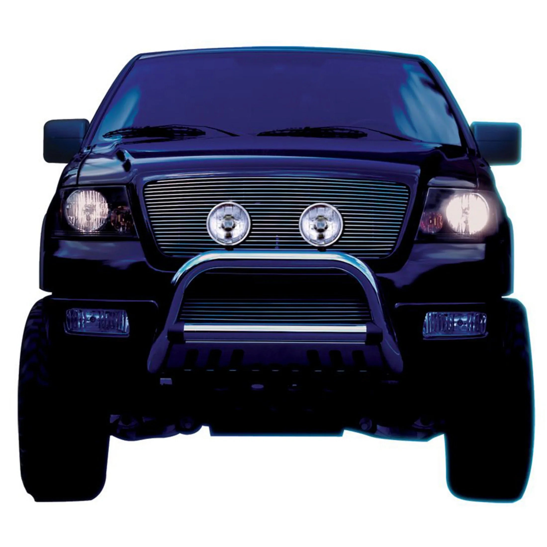 HELLA X-Treme Series LED Driving Lights in white mode with X-shape position light, bumper-mounted on truck, IP69K auxiliary high-beam for off-road.