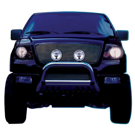 HELLA X-Treme Series LED Driving Lights in white mode with X-shape position light, bumper-mounted on truck, IP69K auxiliary high-beam for off-road.