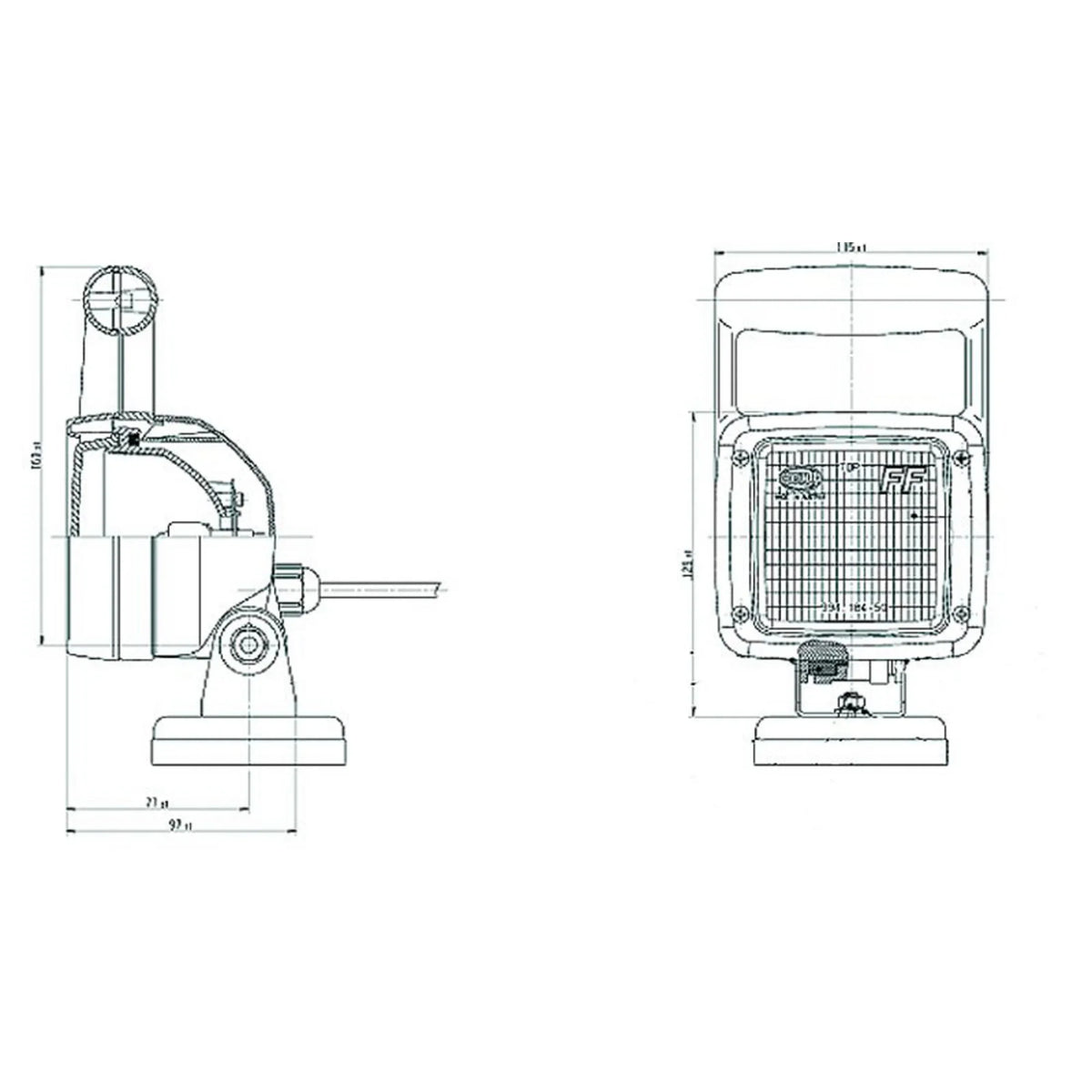 Technical drawing of HELLA X-Treme Series LED Driving Lights, IP69K rated for off-road auxiliary high-beam use.