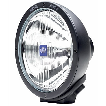 Rallye 4000 Black Halogen Driving Beam, round black metal housing, clear lens, blue HELLA logo.