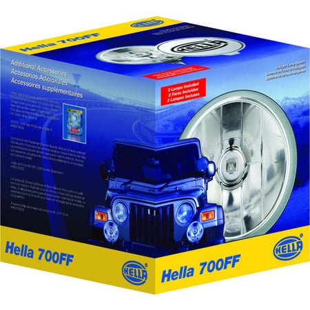 Blue Hella 700FF halogen spotlight kit box with a large silver round light and a blue toy Jeep.