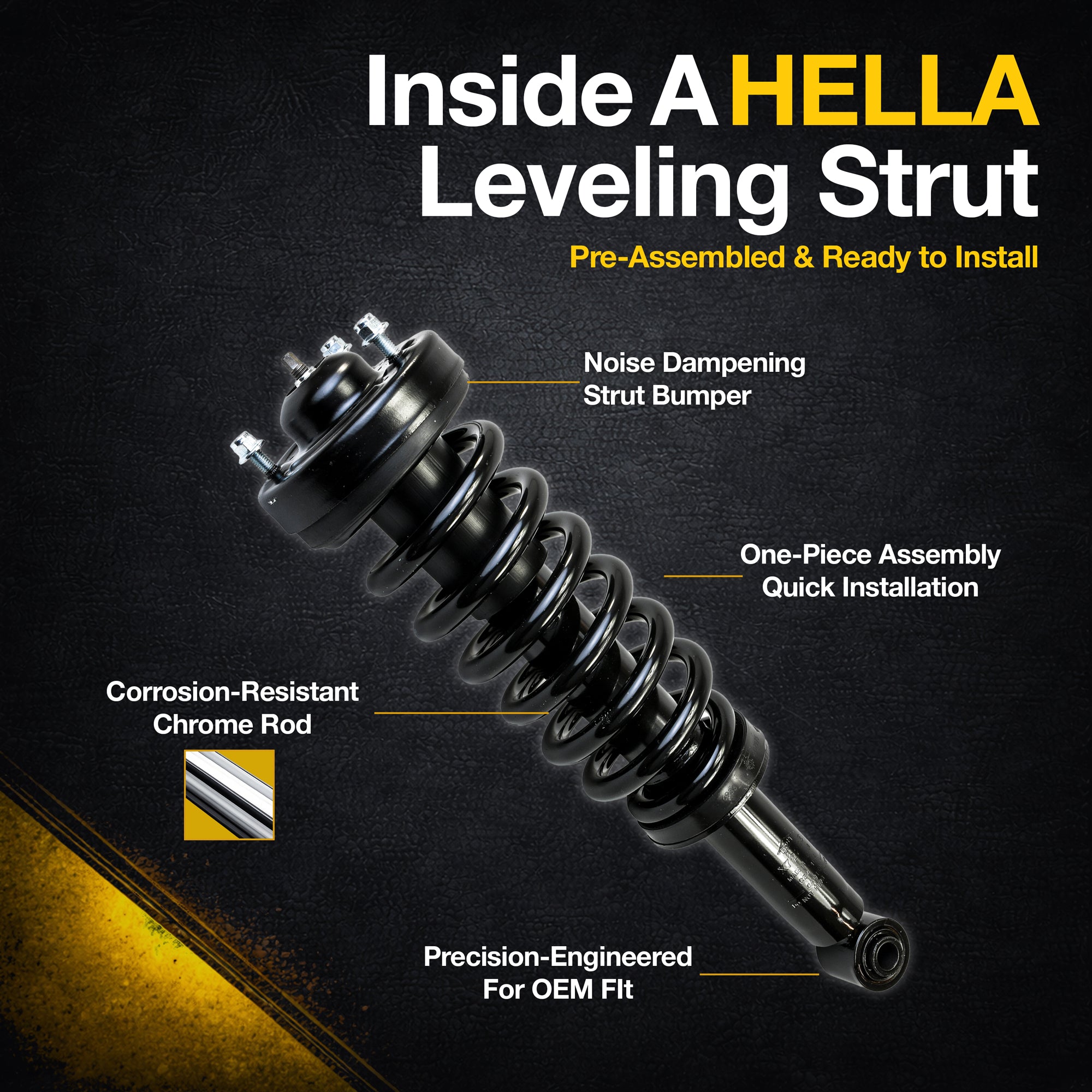 Black Hella Performance 2" leveling strut for Toyota Tundra, showing chrome rod, spring, and bumper.