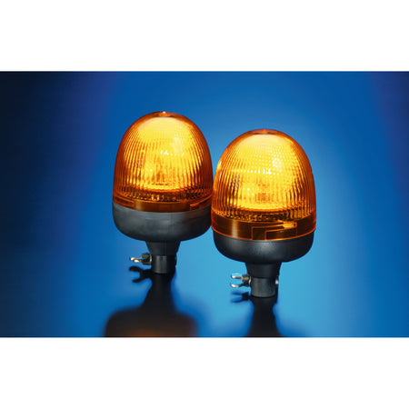 Two HELLA KL ROTA COMPACT amber rotating beacons with black bases, designed for vehicle safety.