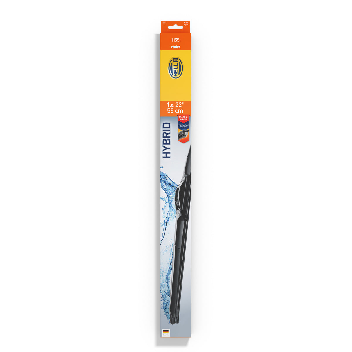 Hella H55 Hybrid 22-inch (55cm) windshield wiper blade in retail packaging.