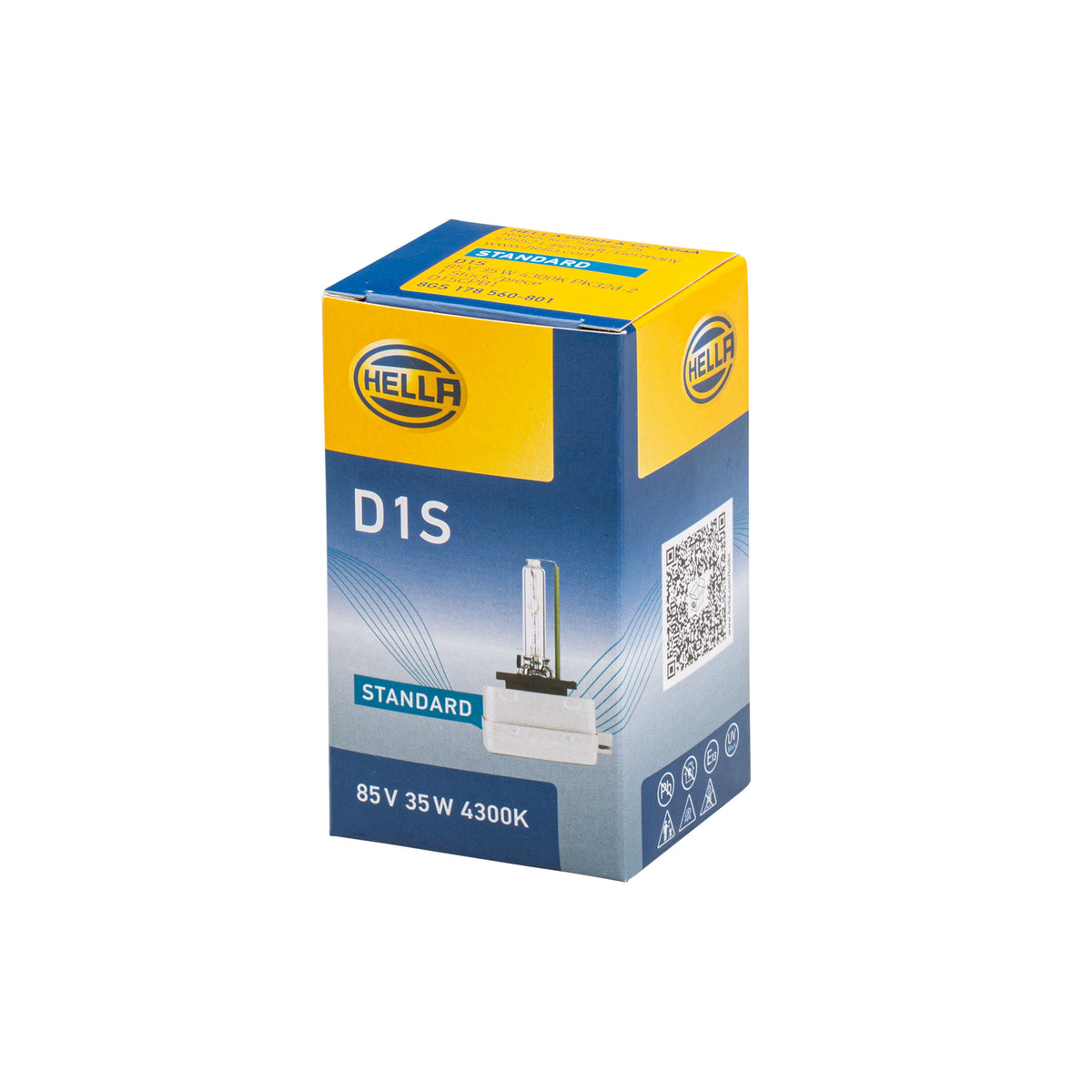 Blue and yellow HELLA D1S Xenon HID bulb box with a clear bulb visible.