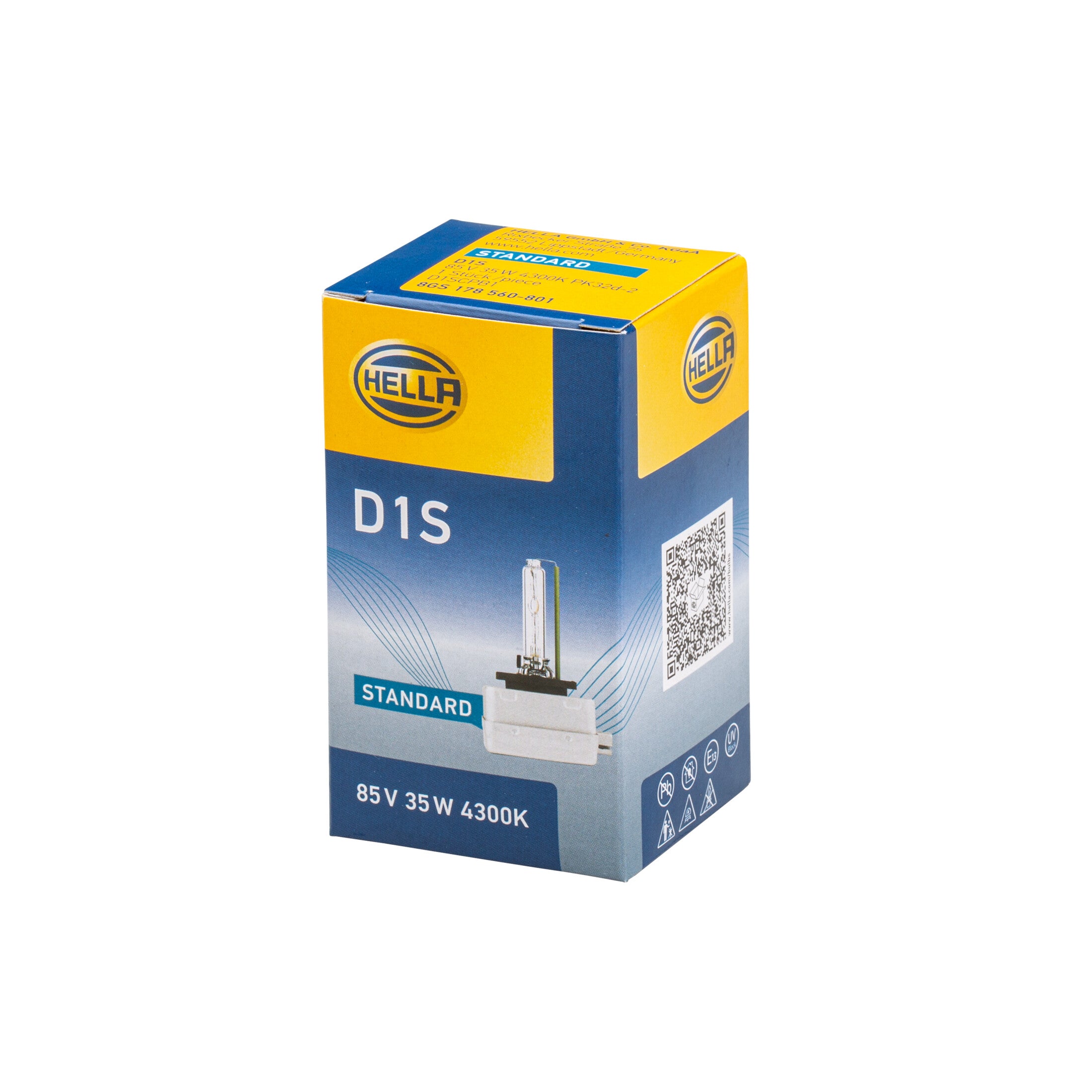 Blue and yellow HELLA D1S Xenon HID bulb box with a clear bulb visible.