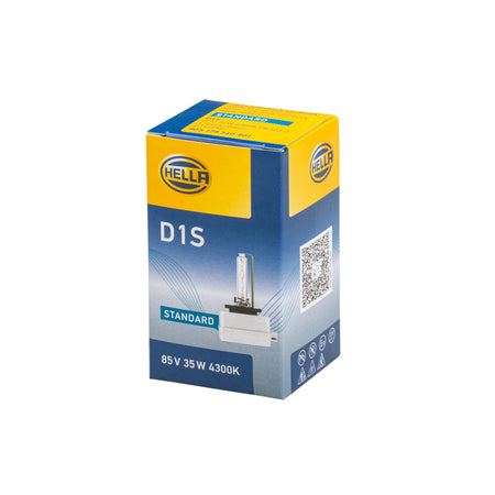 Blue and yellow HELLA D1S Xenon HID bulb box with a clear bulb visible.