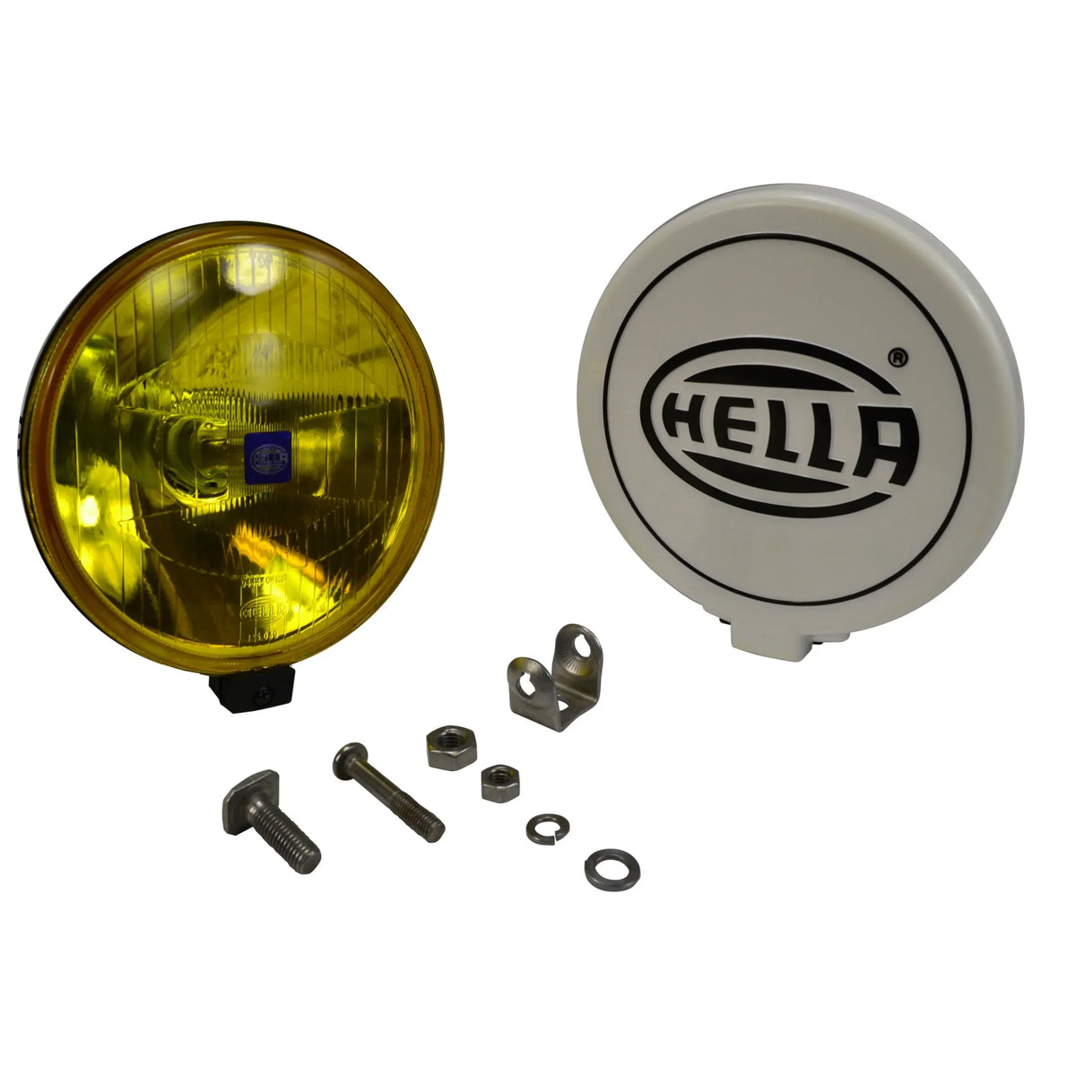 HELLA X-Treme Series LED Driving Lights in amber mode with X-shape position light, IP69K-rated, rugged auxiliary high-beam kit for off-road use.