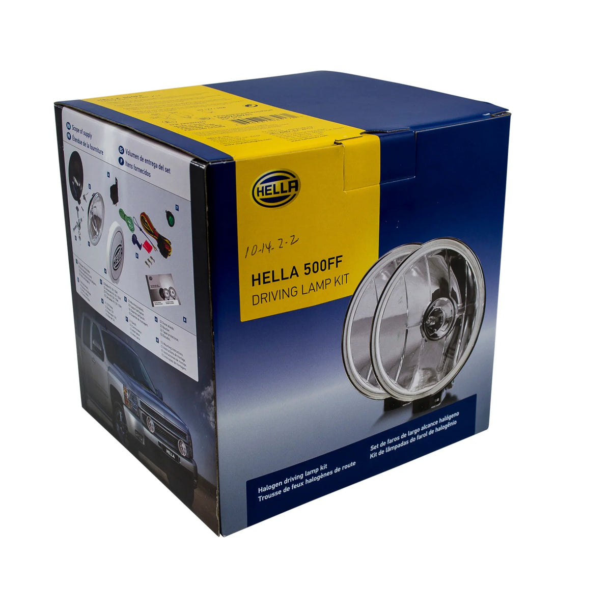 HELLA 500FF Driving Lamp Kit box showing rugged round lights, suitable for off-road auxiliary high-beam use.