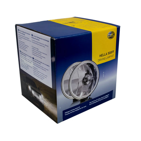 HELLA 500FF driving lamp kit box featuring rugged LED Driving Lights for off-road auxiliary high-beam