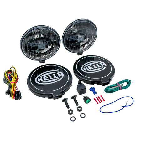 HELLA X-Treme Series LED Driving Lights kit with rugged aluminum housing, white X-shape position light, IP69K rating for off-road auxiliary high-beam use