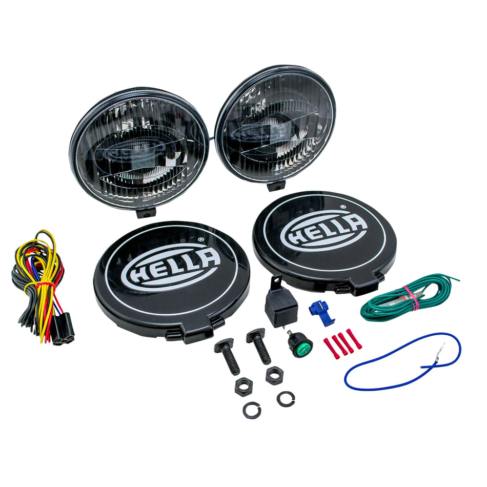 HELLA X-Treme Series LED Driving Lights kit with rugged aluminum housing, white X-shape position light, IP69K rating for off-road auxiliary high-beam use