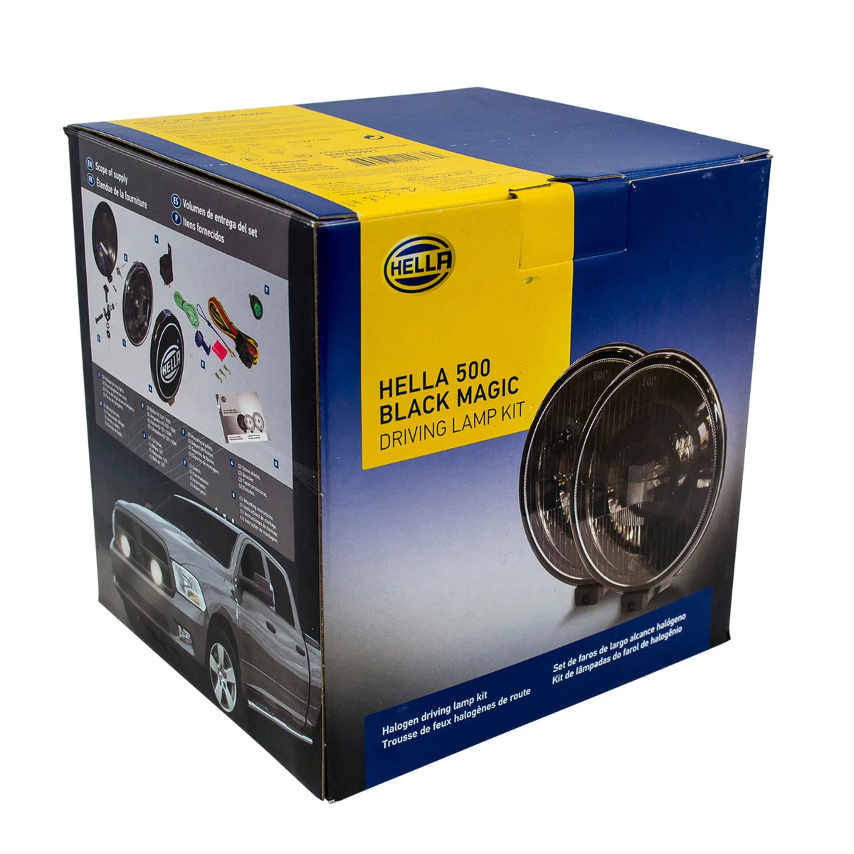 HELLA 500 Black Magic driving lamp kit box with rugged round auxiliary high-beam lights for off-road use.