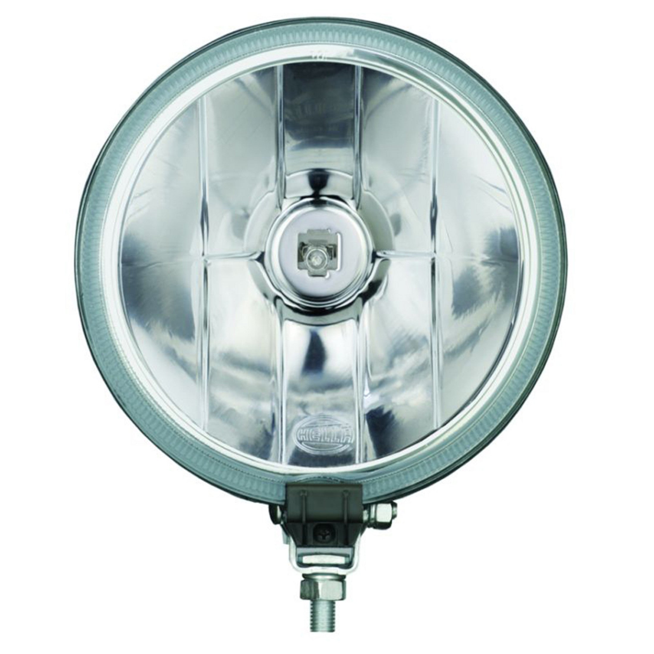 Round HELLA 700 Series halogen spot light with clear lens, chrome reflector, and gray mounting bracket.
