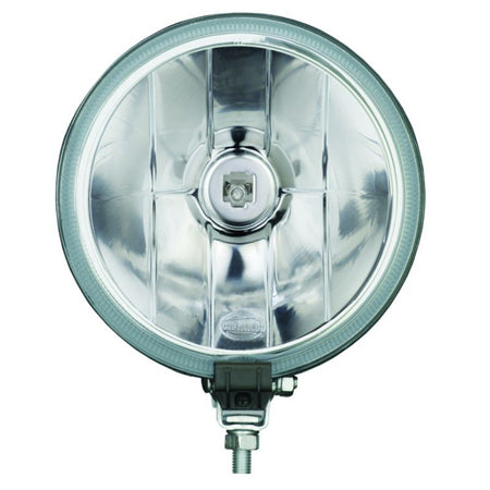 Round HELLA 700 Series halogen spot light with clear lens, chrome reflector, and gray mounting bracket.