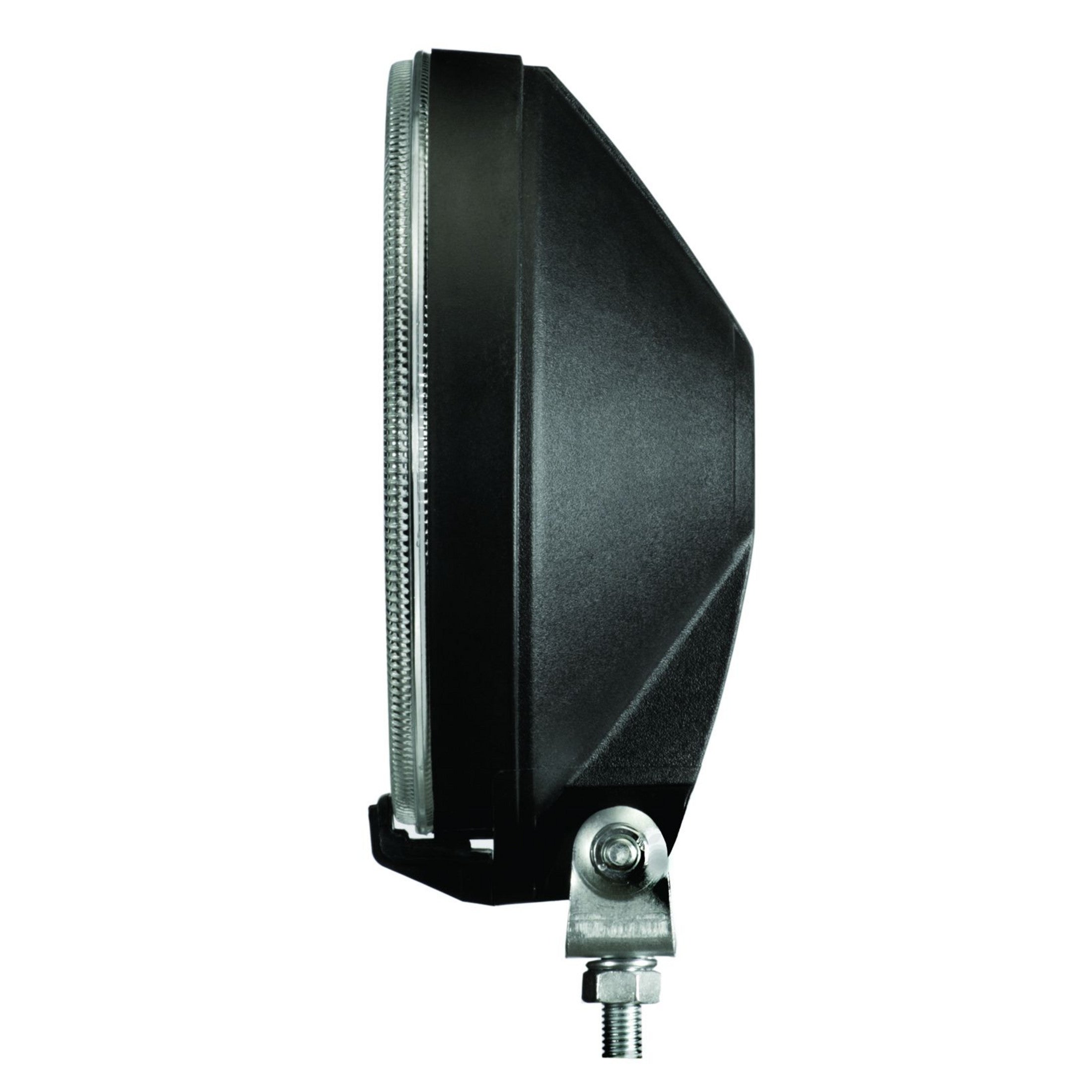 HELLA 700 Series black halogen spot light with clear lens and silver mounting bracket.