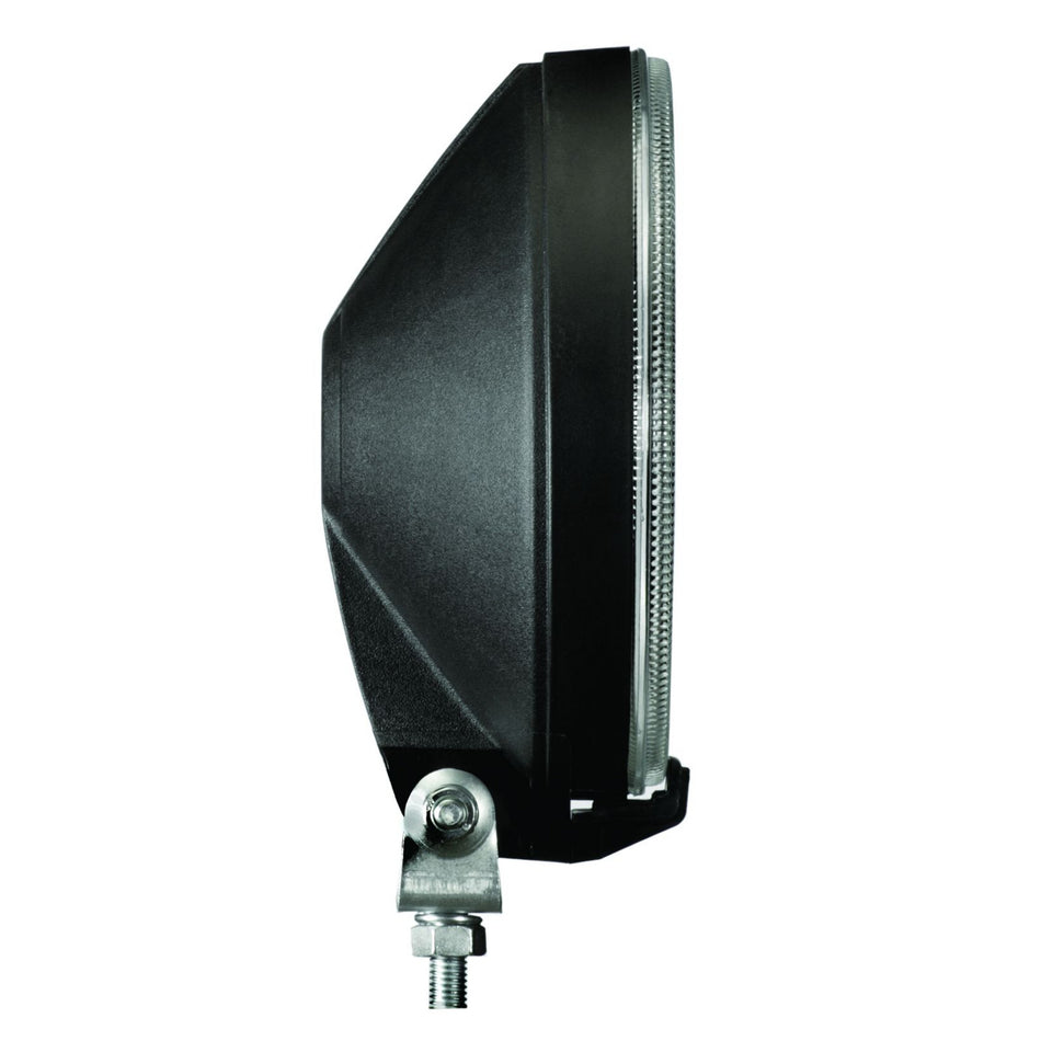 HELLA 700 Series black halogen spot light with clear textured lens and mounting hardware.