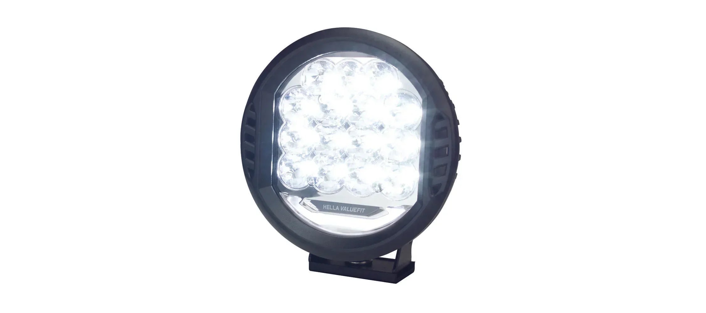 HELLA X-Treme Series LED Driving Lights in white mode with IP69K, X-shape position light, rugged aluminum housing, auxiliary high-beam for off-road