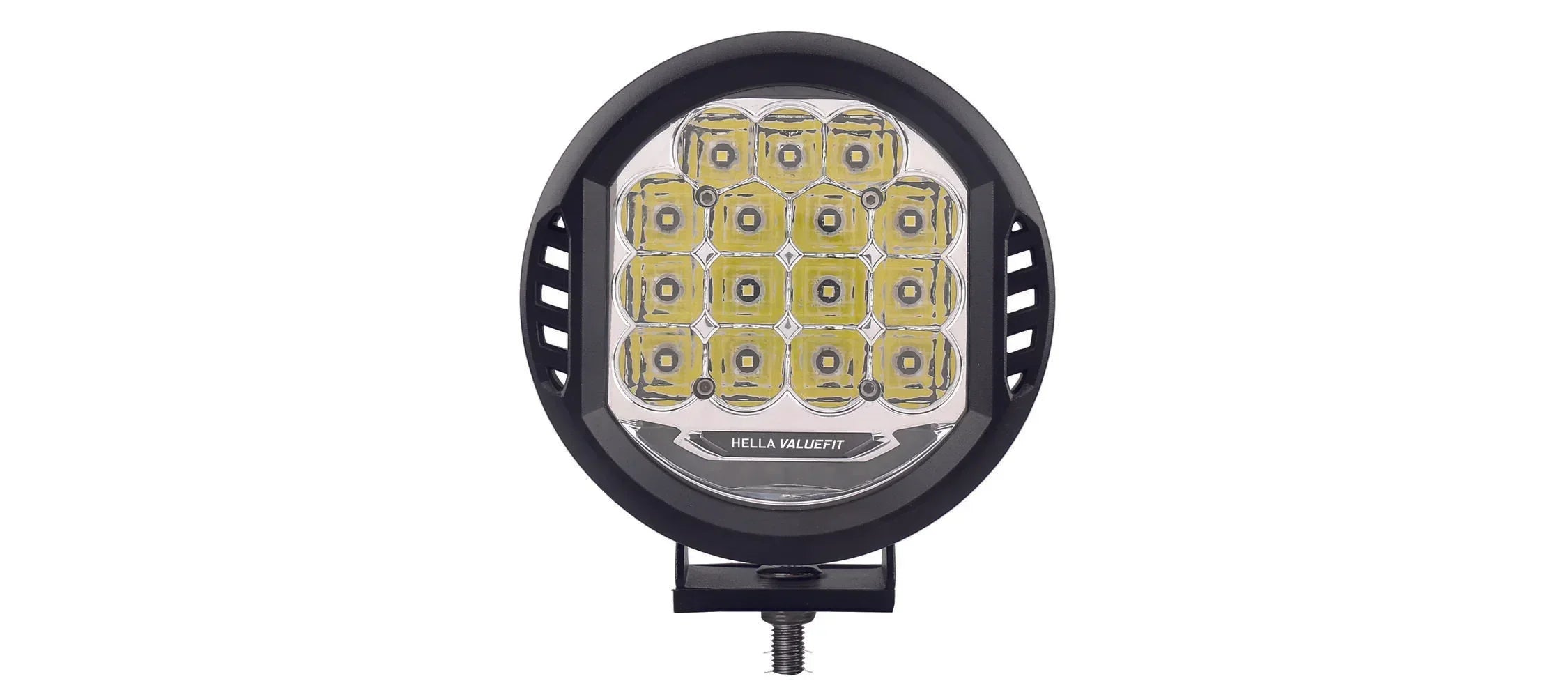 HELLA X-Treme Series LED Driving Lights in white mode with X-shape position light, rugged aluminum housing, IP69K rated, auxiliary high-beam, off-road ready.