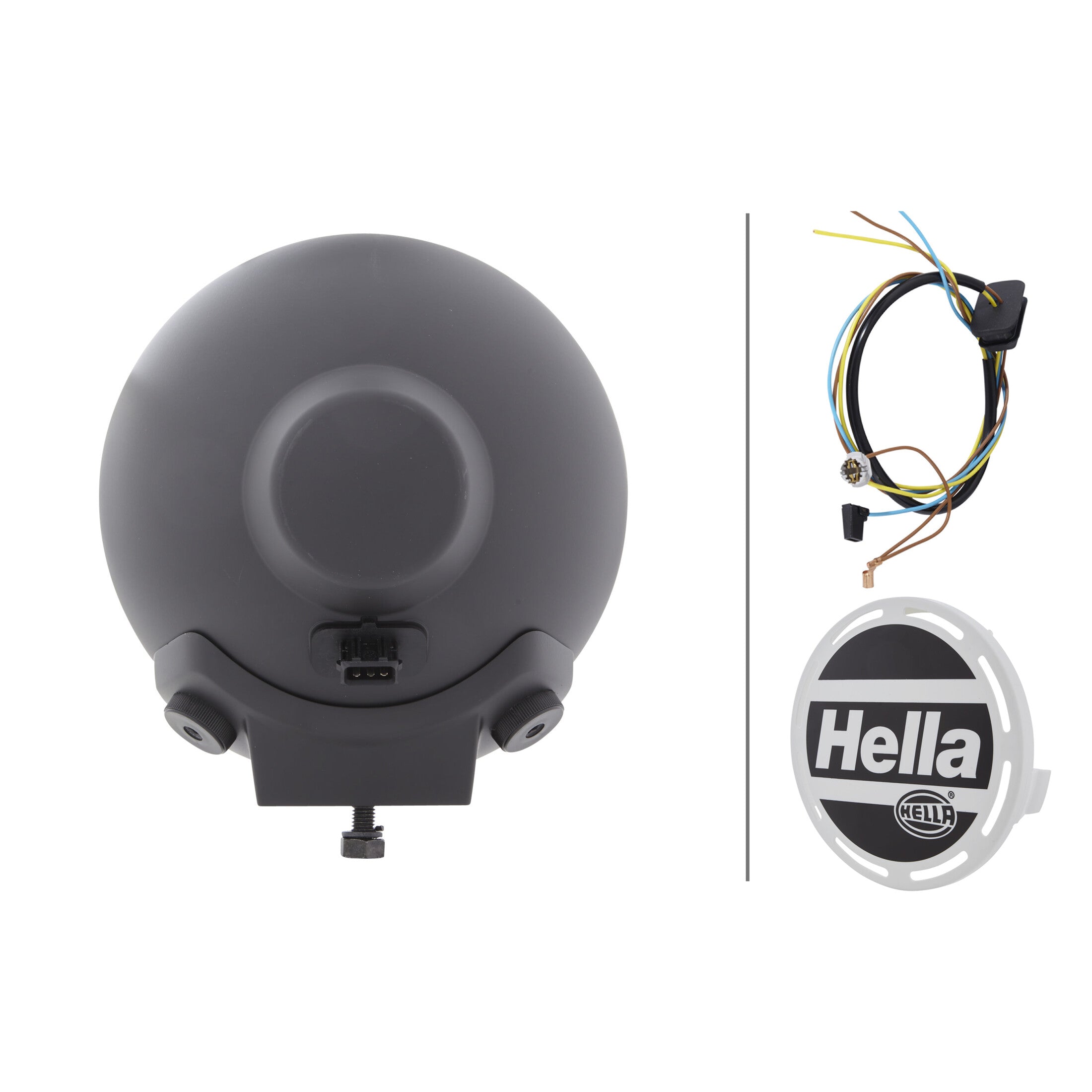 Rallye 4000 Black Halogen Pencil Beam with wiring harness and iconic Hella cover.