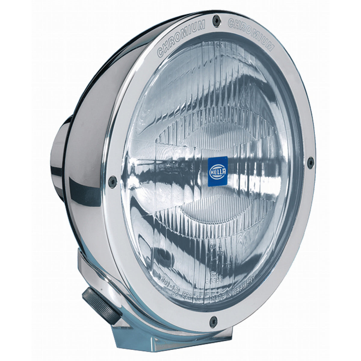 Rallye 4000 Series chrome halogen driving beam with HELLA logo and "CHROMIUM" etched on the bezel.