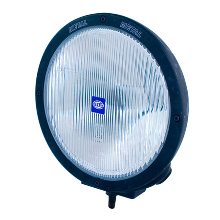 Round black Rallye 4000 halogen fog beam with clear ribbed lens and blue HELLA logo.