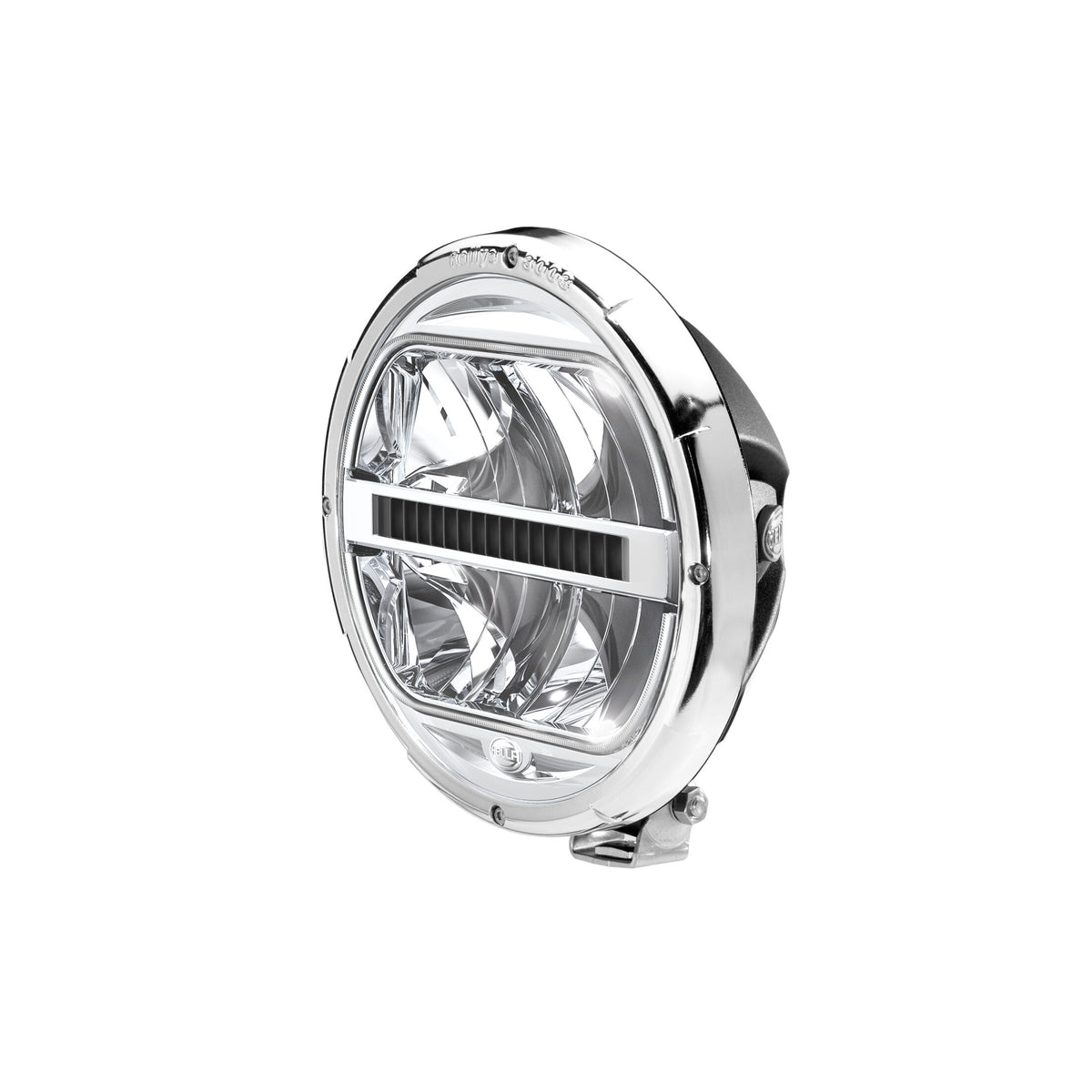 Rallye 3003 LED driving beam in chrome, featuring a clear lens, horizontal cooling fin, and mounting bracket.