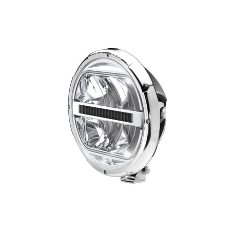 Rallye 3003 LED driving beam in chrome, featuring a clear lens, horizontal cooling fin, and mounting bracket.