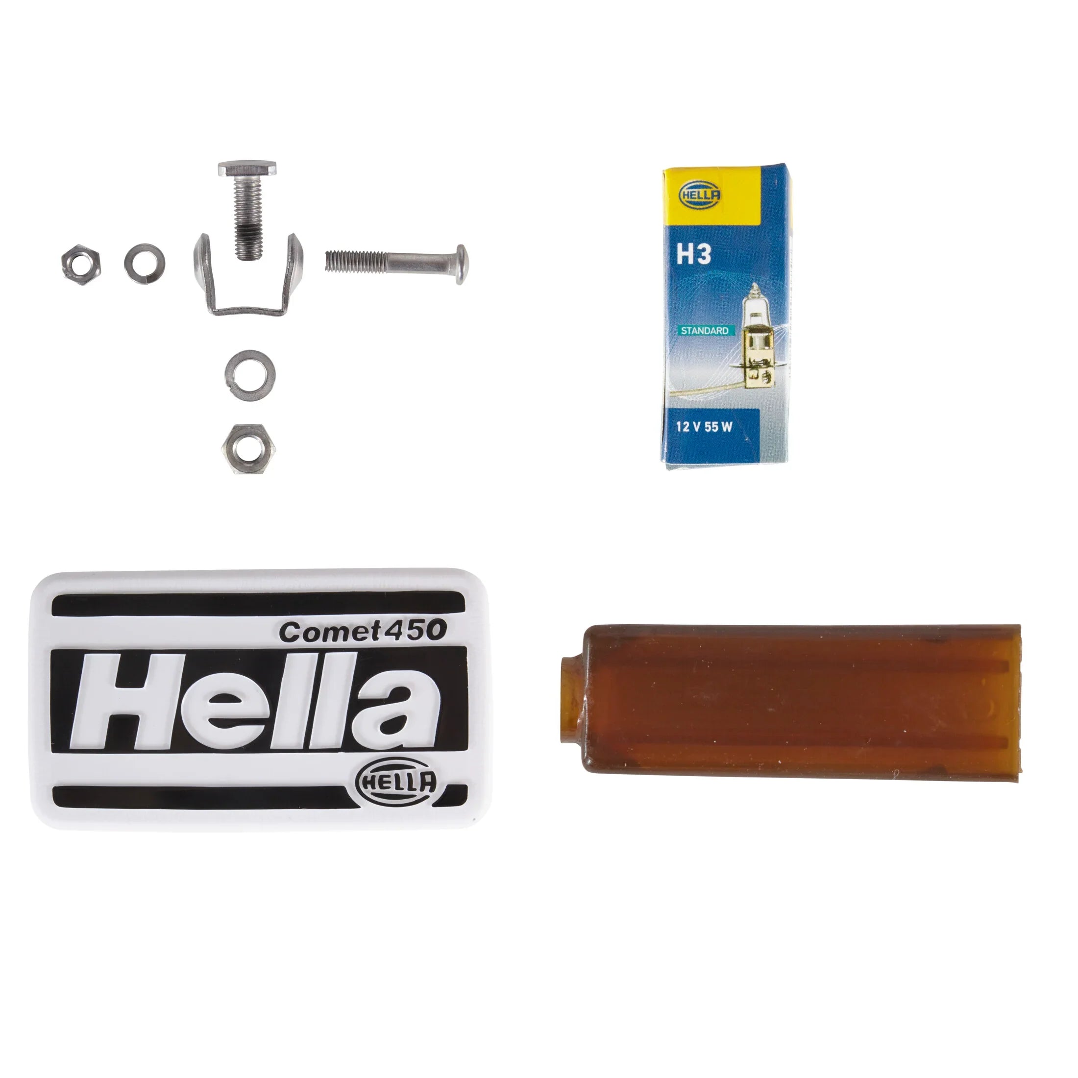 HELLA 450 Halogen Driving Light SAE Approved — parts kit with mounting hardware, cover, and H3 bulb