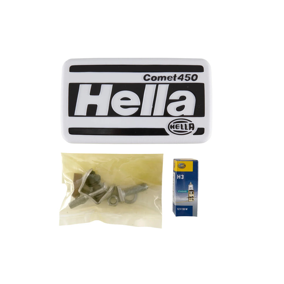 HELLA X-Treme Series LED Driving Lights parts kit with mounting hardware, bulb, and IP69K cover.