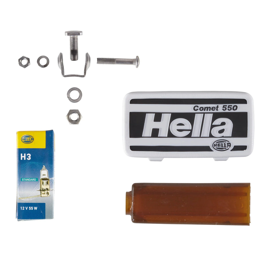 HELLA Comet 550 mounting hardware kit with H3 bulb, lens cover, and amber filter for off-road LED driving lights.
