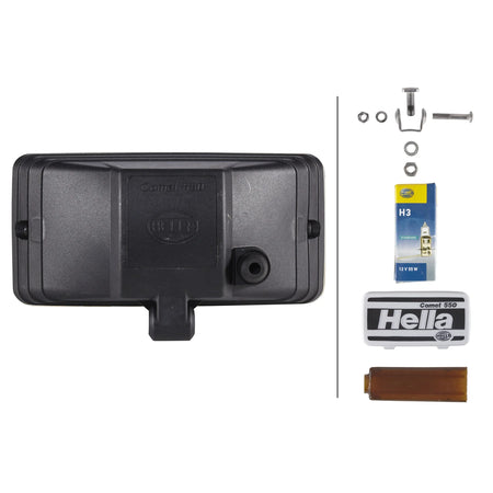 HELLA X-Treme Series LED Driving Light in white mode, rugged aluminum housing, clear lens, X-shape position light, IP69K rated auxiliary high-beam for off-road.