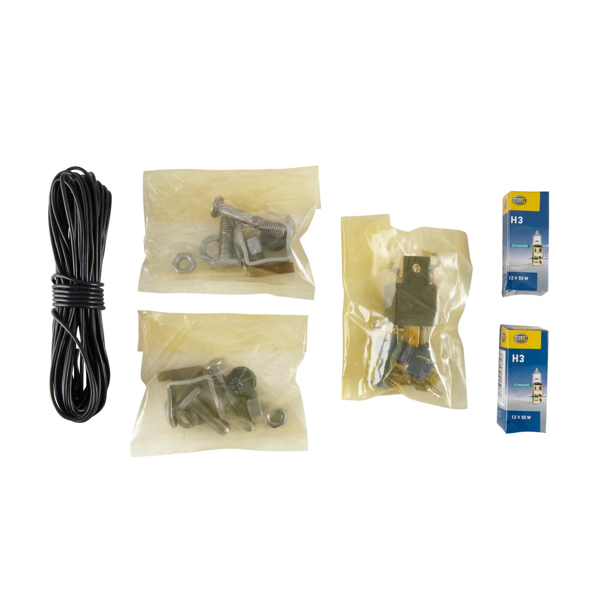 HELLA 550 Halogen Driving Light SAE Approved — mounting kit with wiring, hardware, relay, and H3 bulbs